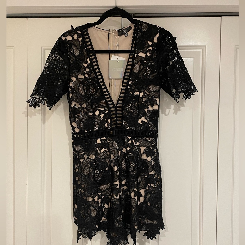 *NEW* with tags, black lace short sleeve romper